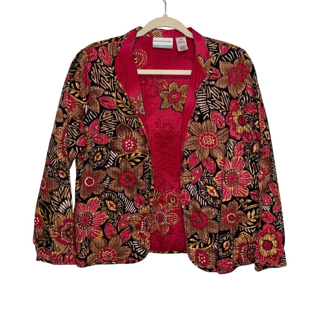 Alfred Dunner Womens Petite Open-Front Jacket 10P Floral Print Cotton Long Sleev